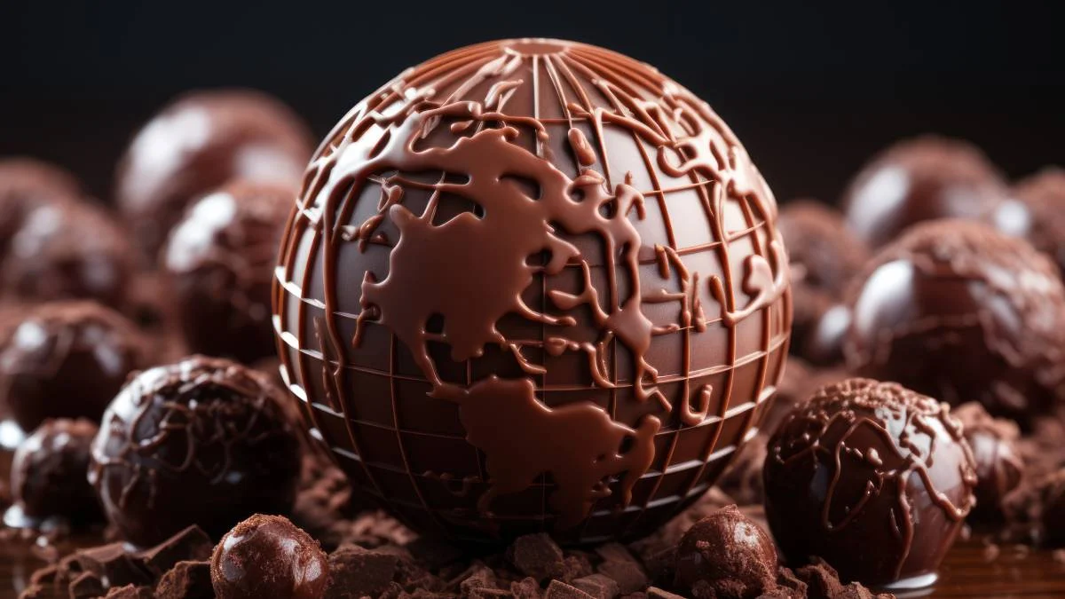 Chocolate globe sculpture at EuroChocolate — one of the festival's large-scale chocolate artworks