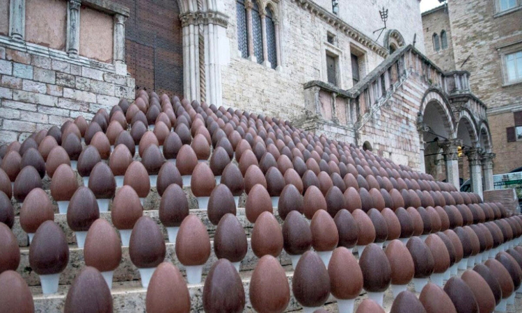 Rows of chocolate eggs on the steps of Perugia's cathedral during EuroChocolate festival